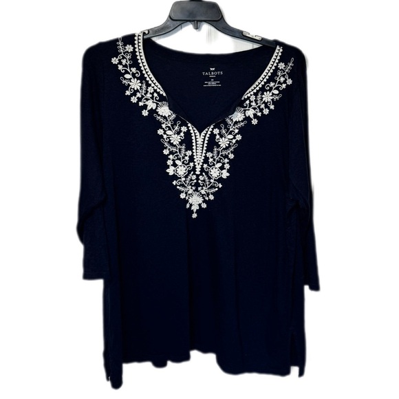 Talbots 2X Navy 3/4 Sleeve Tunic with White Embroidery - Picture 1 of 3